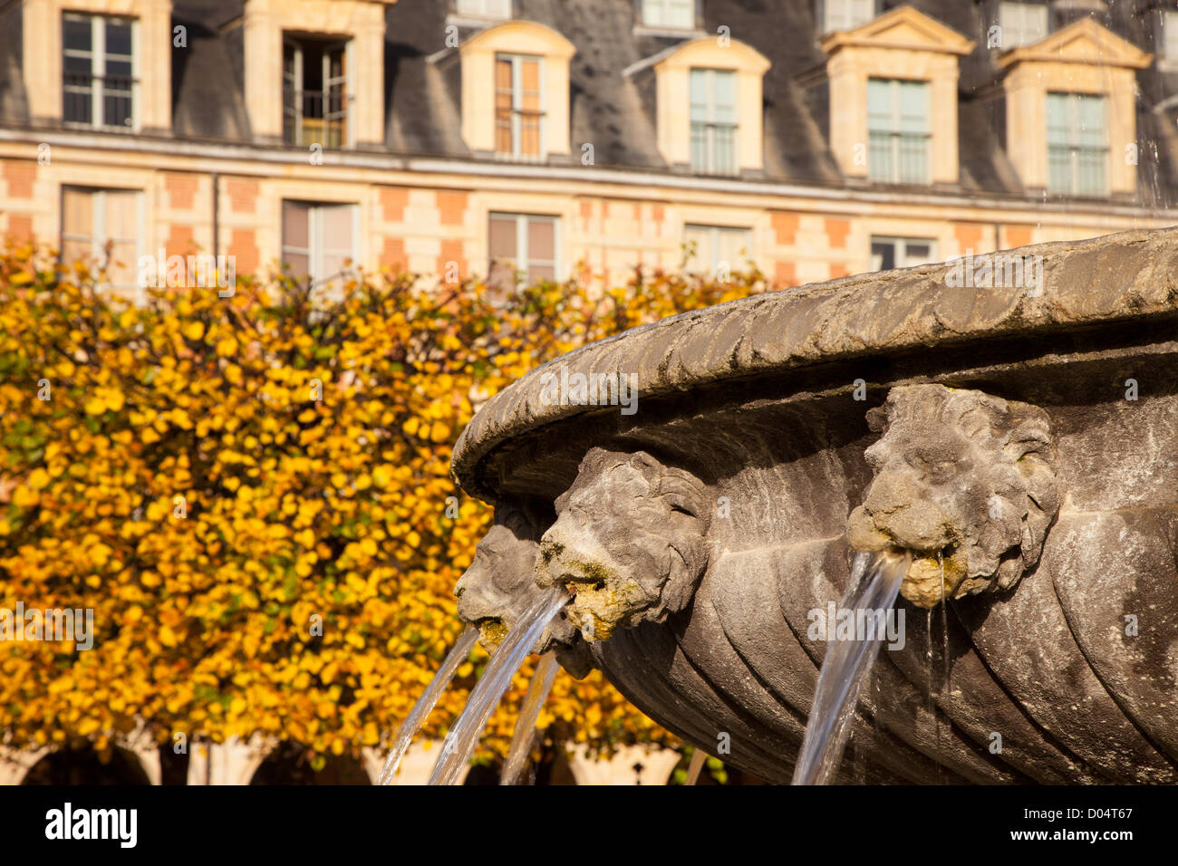 Têtes de lion détails fontaine à la Place des Vosges, les Marais, Paris France Banque D'Images