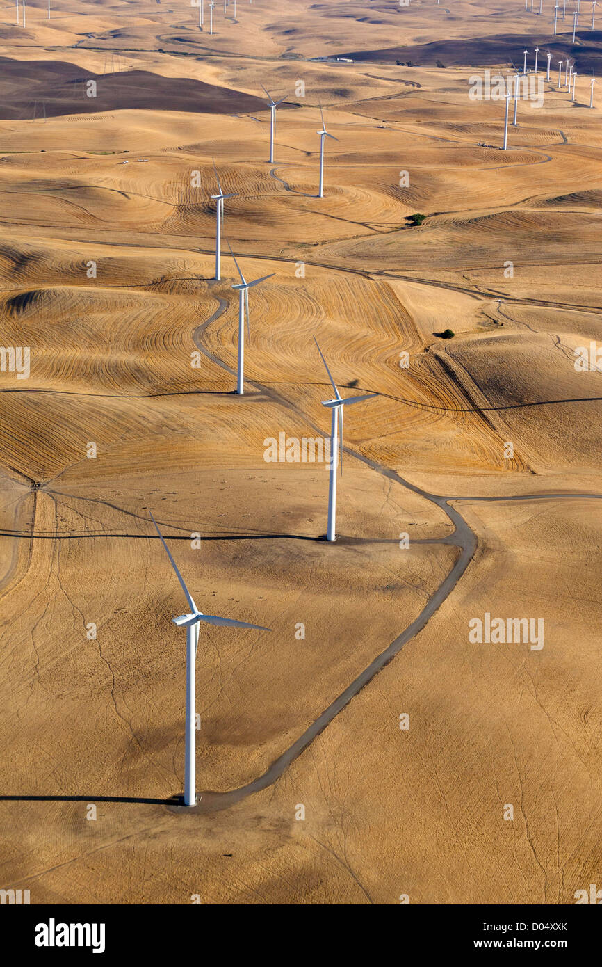 Vue aérienne des éoliennes dans les collines de Montezuma le Delta de la rivière Sacramento, Californie du nord. Banque D'Images