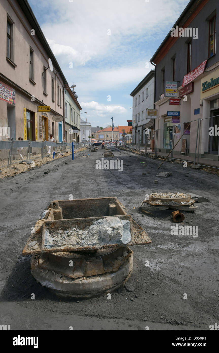 La rénovation du centre-ville de Wadowice, Pologne. Surface de la rue d'être remplacé en Wollerstraße Street. Banque D'Images