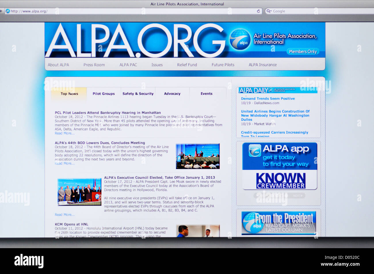 Air Line Pilots Association, International (ALPA) site web Banque D'Images