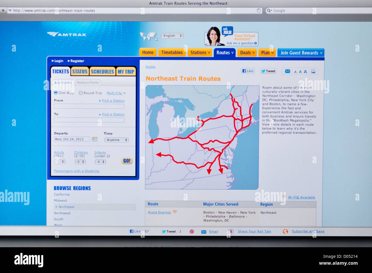 Site web à Amtrak train nord-est - Itinéraires Banque D'Images