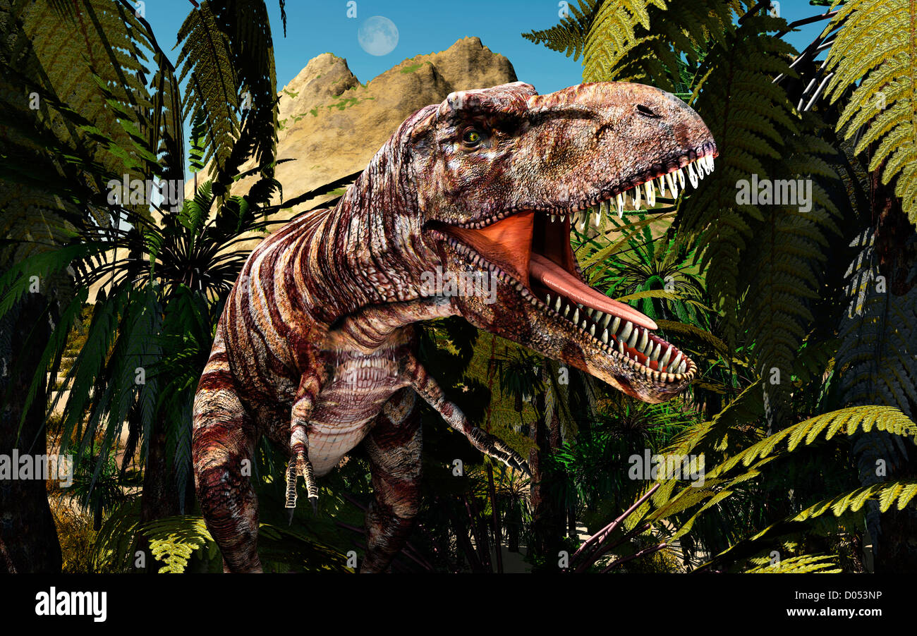 La terreur de la jungle, un Tyrannosaurus Rex chassant dans une jungle du Crétacé. Banque D'Images