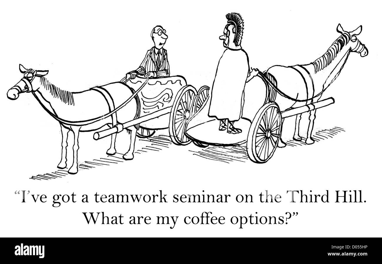 'J'ai un séminaire d'équipe sur la troisième colline. Quelles sont mes options de café ?" Banque D'Images