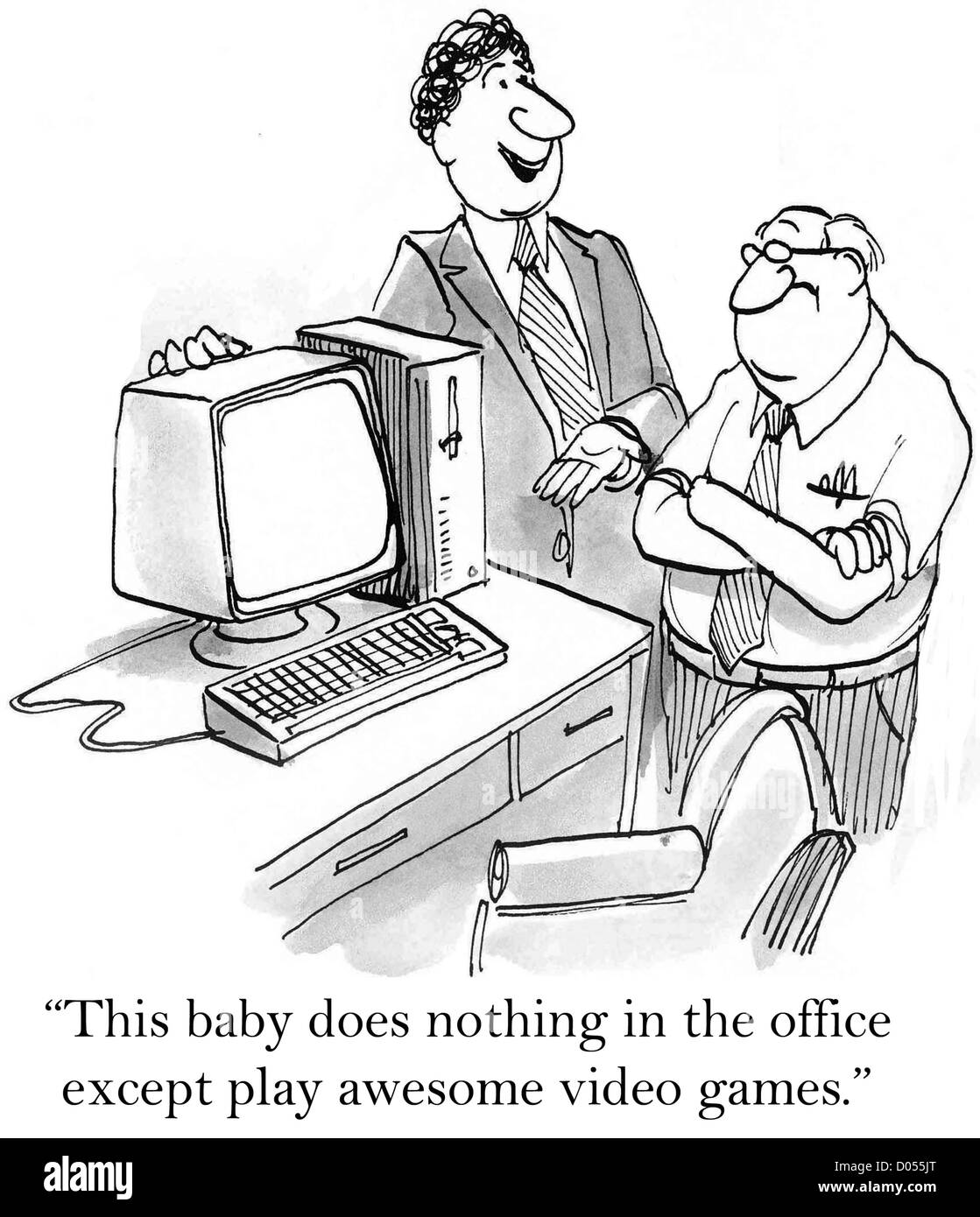 "Ce bébé n'a rien dans le bureau sauf jouer super jeux vidéo." Banque D'Images