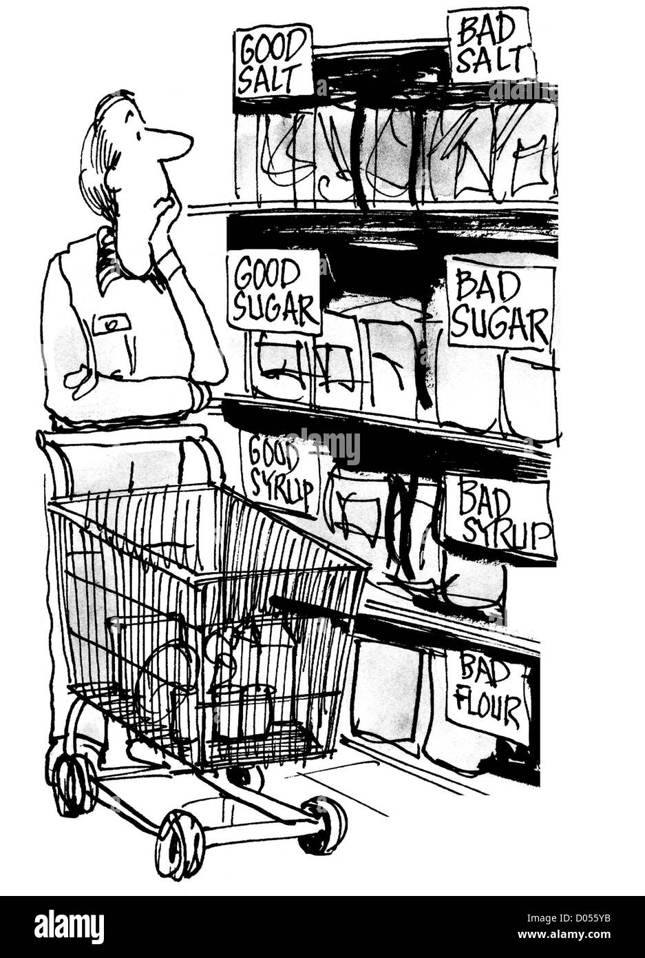 L'homme se trouve dans l'allée de l'épicerie en train de décider lequel d'acheter des produits alimentaires pour rester sur son bas régime de cholestérol. Banque D'Images