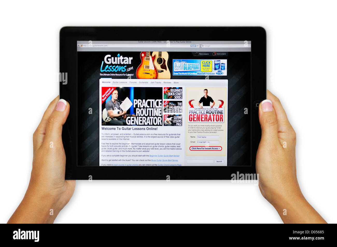 Montrant l'écran de l'iPad site web Cours de guitare Banque D'Images