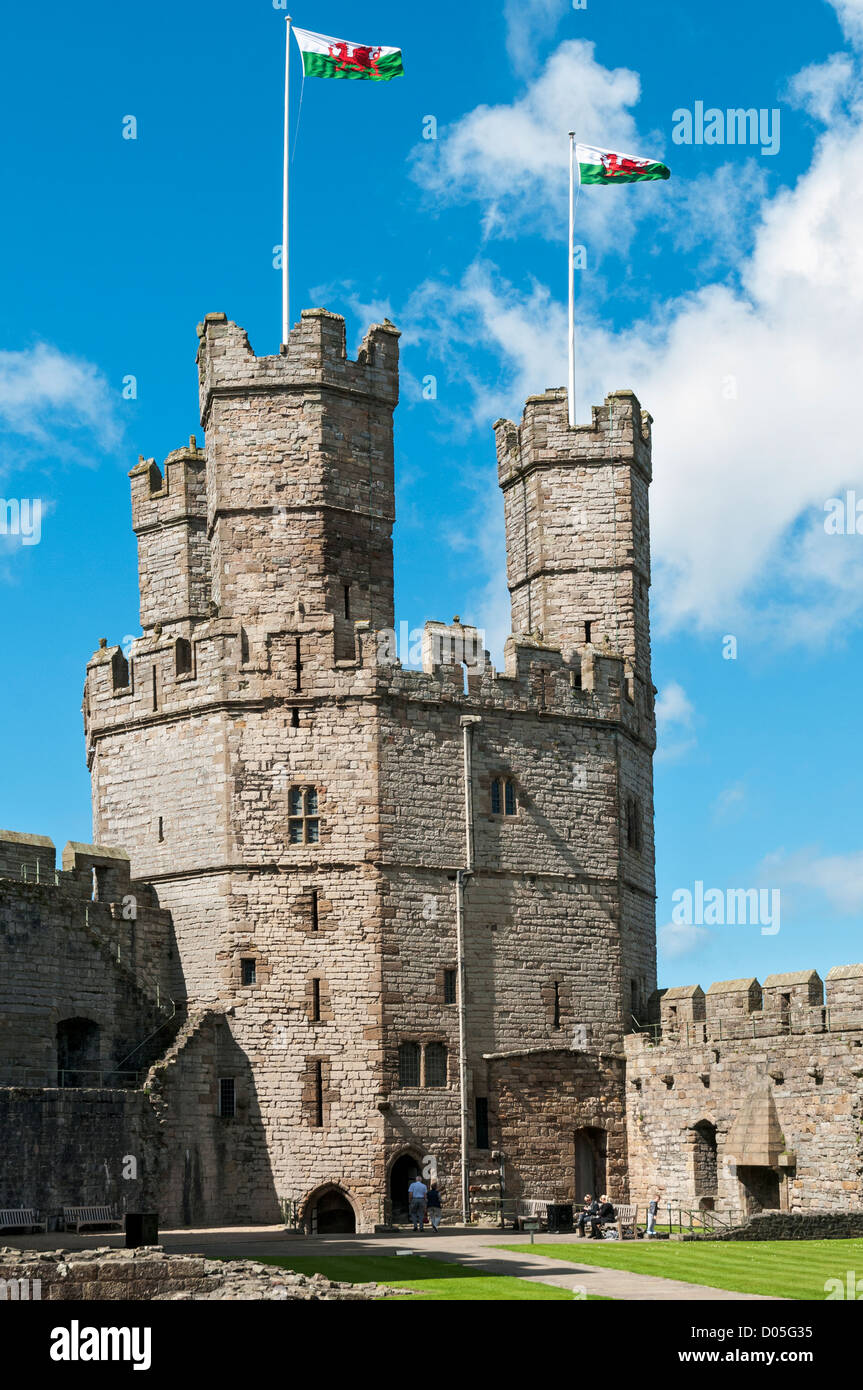 Pays de Galles, dans le comté de Gwynedd, Château de Caernarfon, drapeaux gallois au sommet de la tour de l'Aigle Banque D'Images