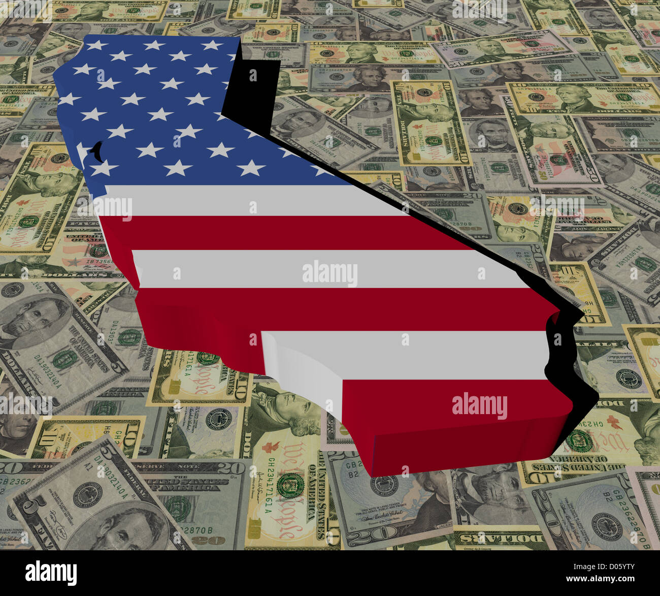 Californie carte drapeau sur les dollars américains illustration Banque D'Images