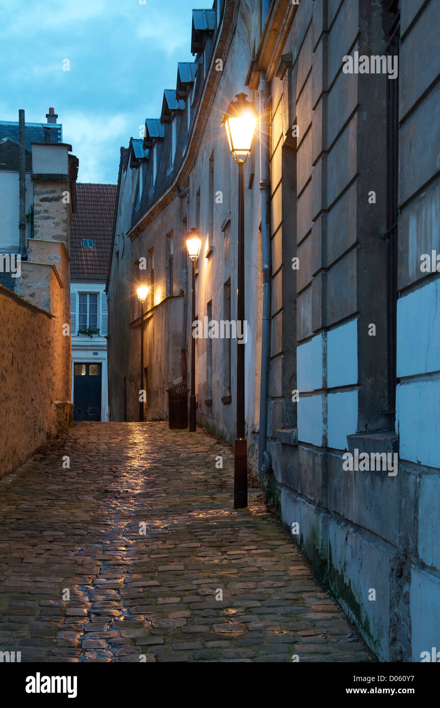 Ruelle aux chats (Cat Alley). Une sombre ruelle déserte dans les petites rues de Montlhery, une ville satellite dans la banlieue sud de Paris. La France. Banque D'Images