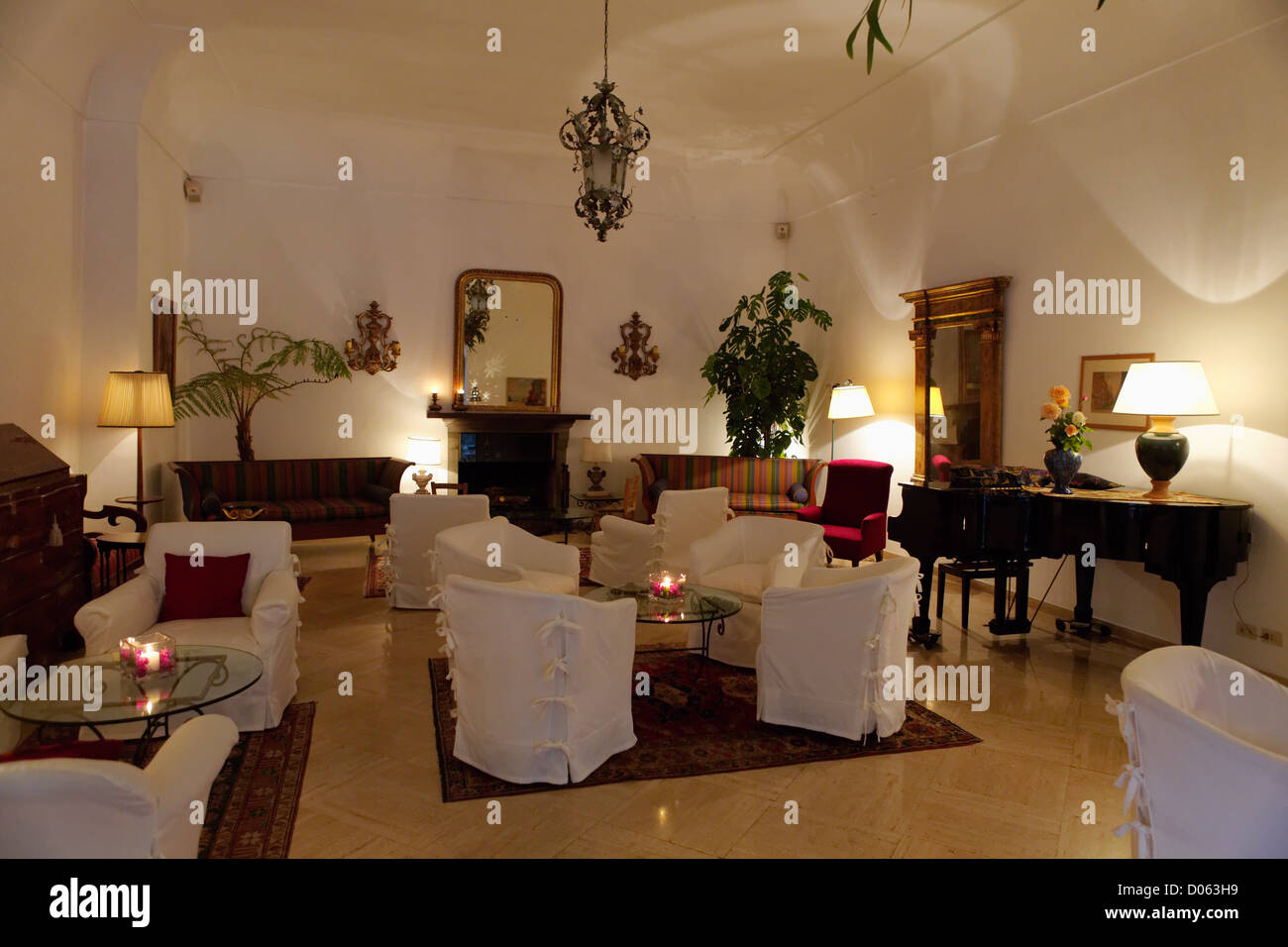 Le salon d'un hôtel de charme, l'hôtel Poseidon, Positano, Campanie, Italie Banque D'Images