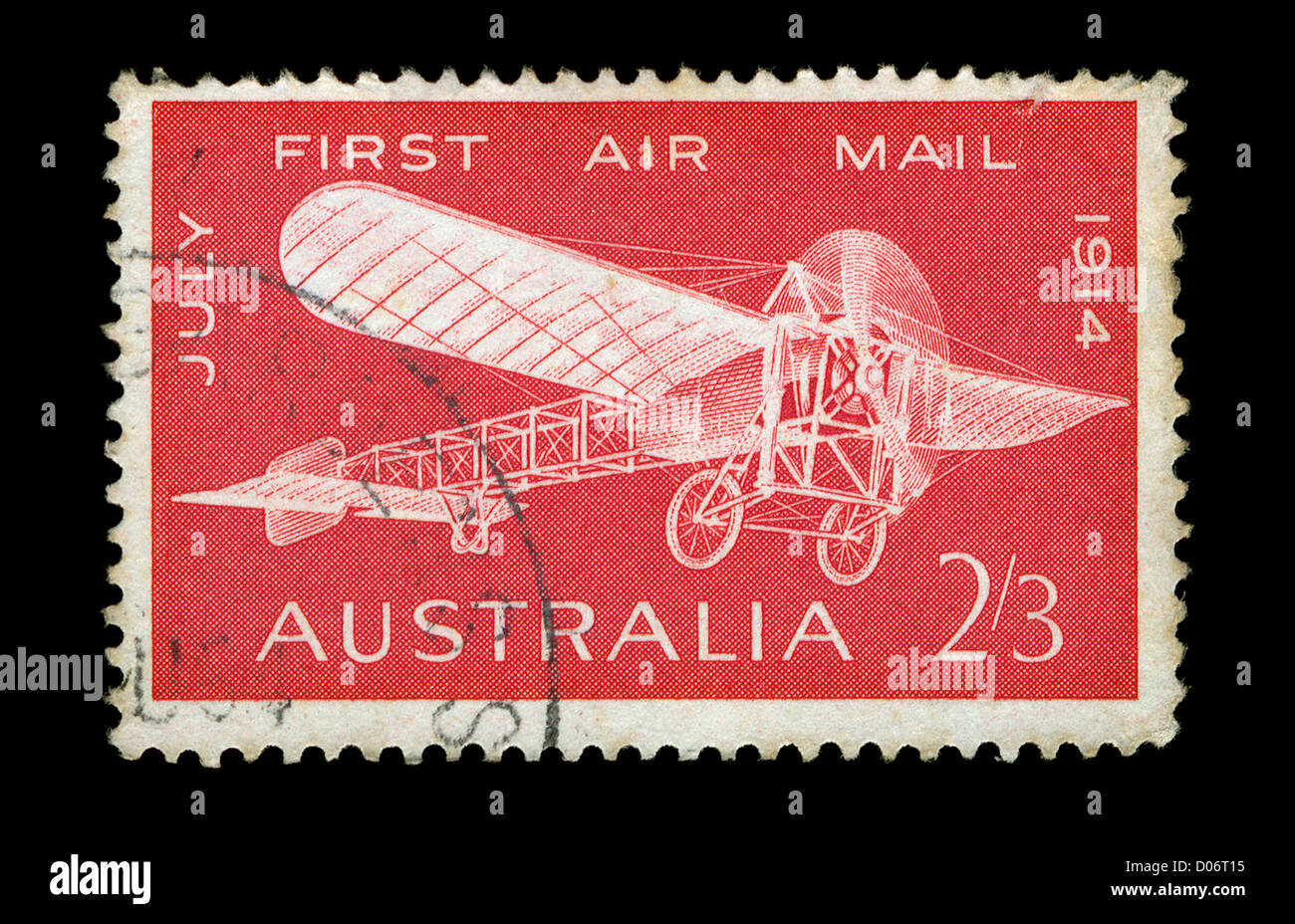 Timbre vintage avec monoplan Blériot illustration commémorant le 50e anniversaire du premier vol air mail. Banque D'Images