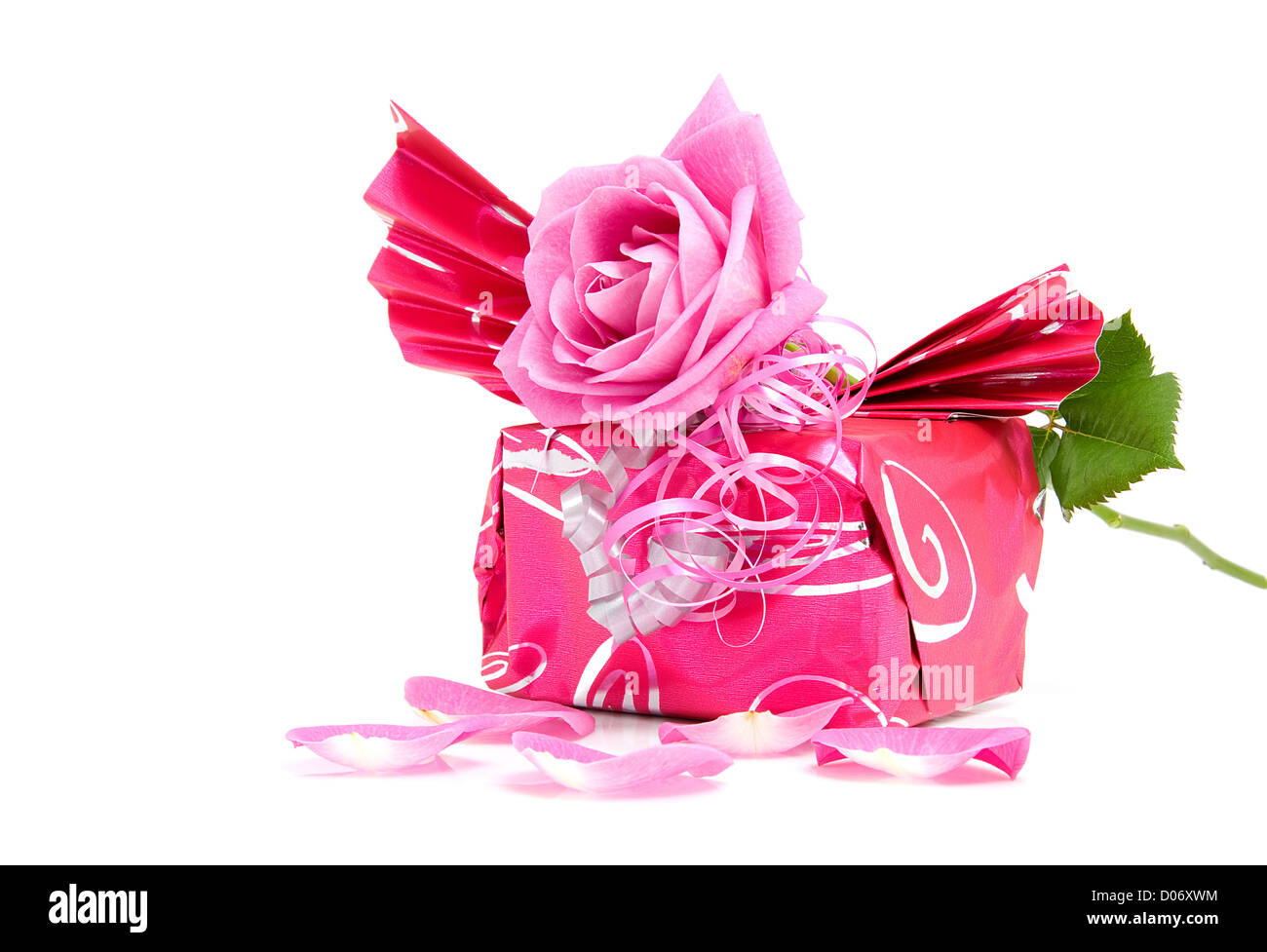 Beau cadeau enveloppé avec rose pour un anniversaire ou la Saint-Valentin  sur fond blanc Photo Stock - Alamy
