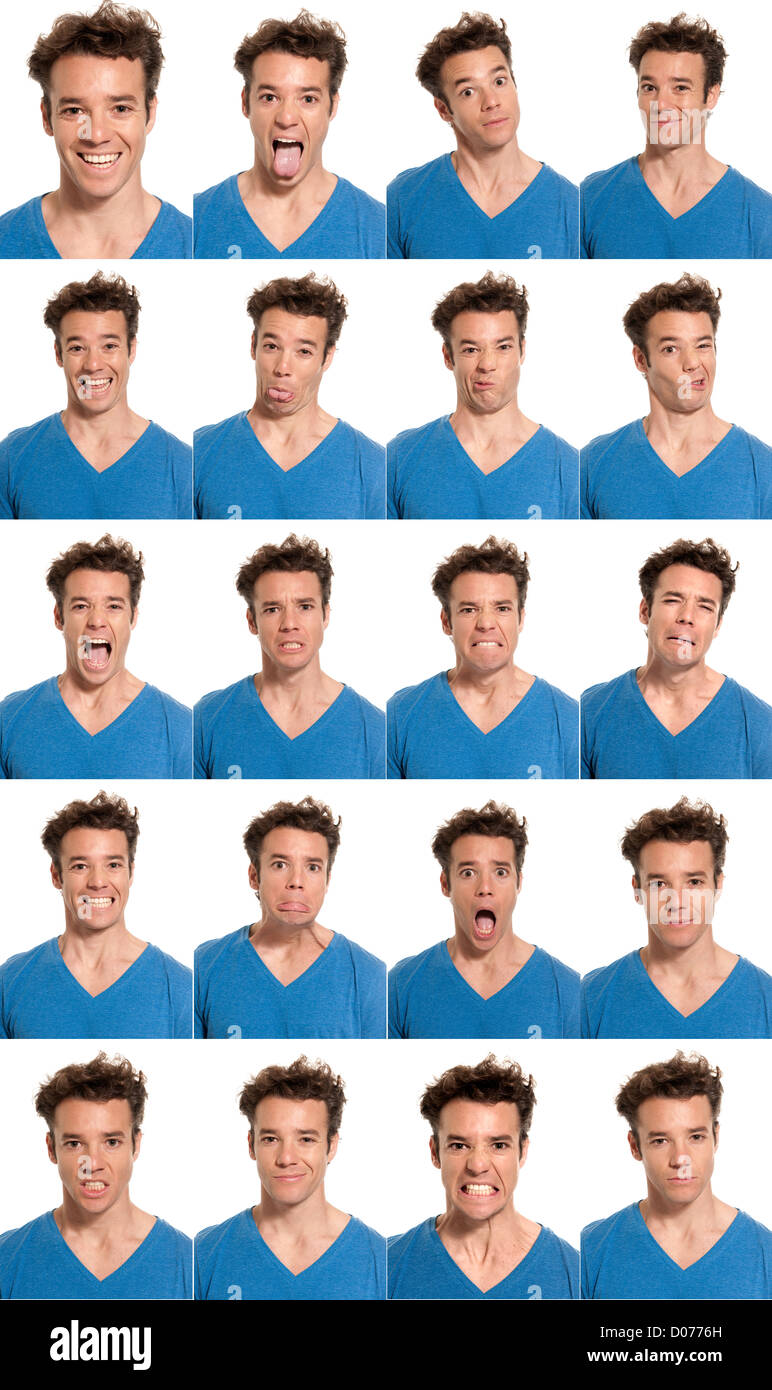 Jeune homme visage composite expressions isolé sur fond blanc. Banque D'Images