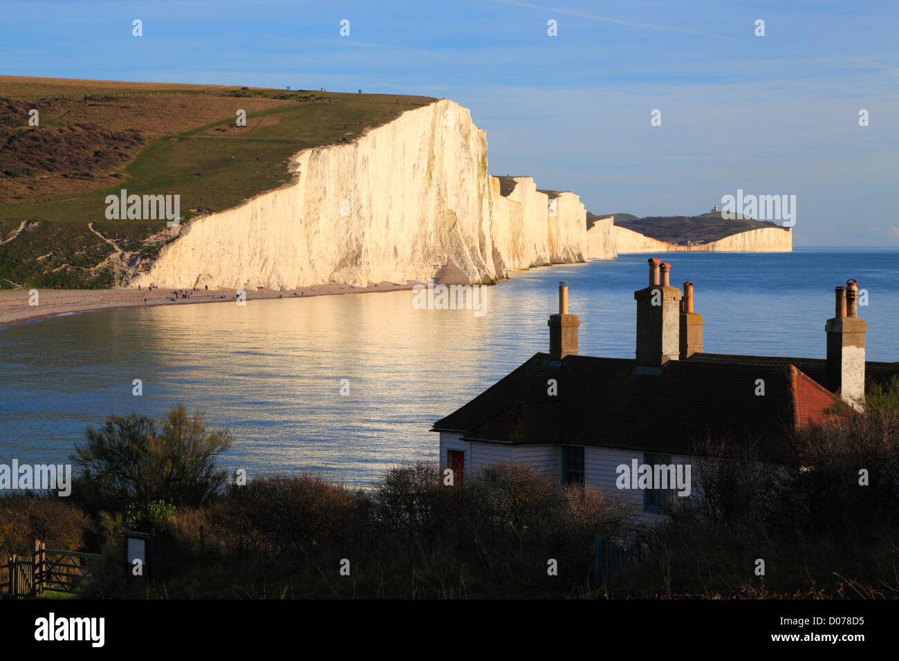 Sept Sœurs falaises et côte au coucher de Seaford Head, East Sussex, Angleterre, RU, FR Banque D'Images