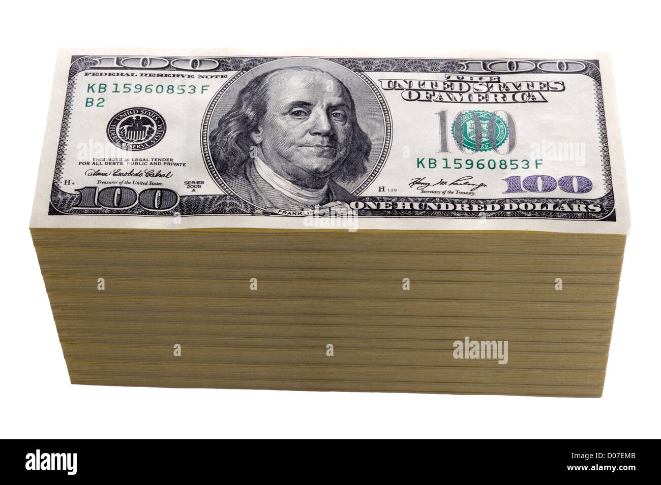 Cent billets d'un dollar dans une seule pile ou pile isolated on white Banque D'Images