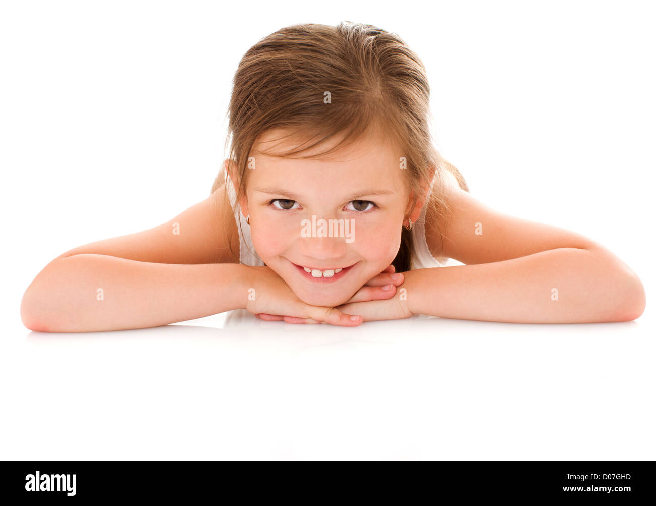 Smiling little girl happy woman isolated on white Banque D'Images