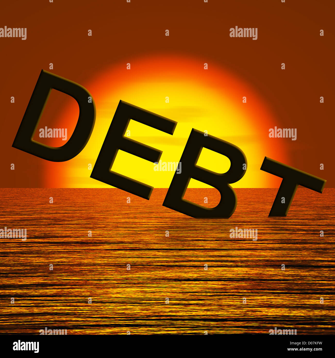 Mot de la dette s'enfoncer dans la mer montrant la pauvreté et la faillite d'être cassé Banque D'Images