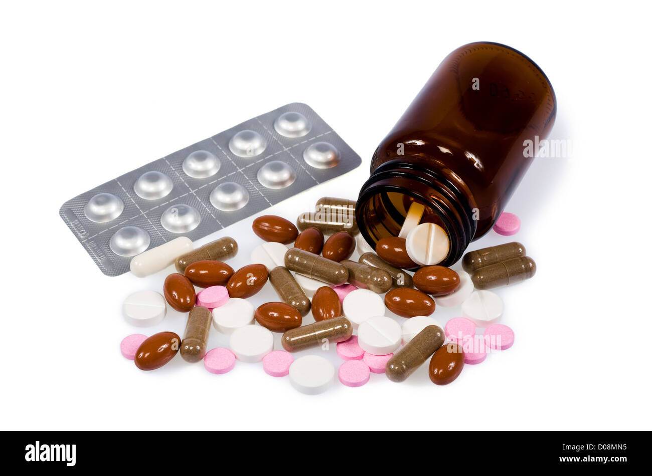 Différentes pilules et comprimé sur fond blanc Banque D'Images