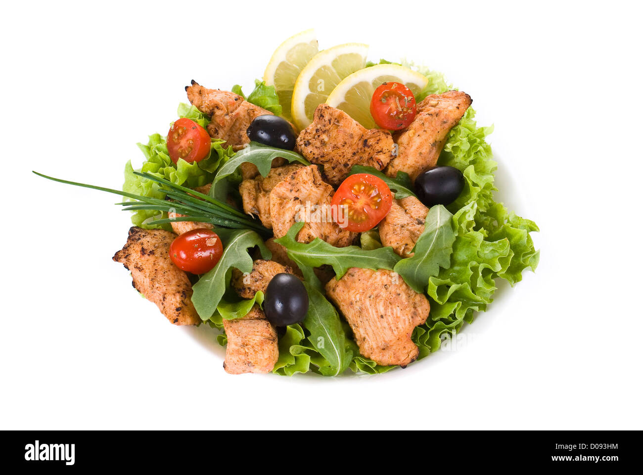 Poulet Et Salade Aliments Sains Sur Assiette Isolés Sur Fond