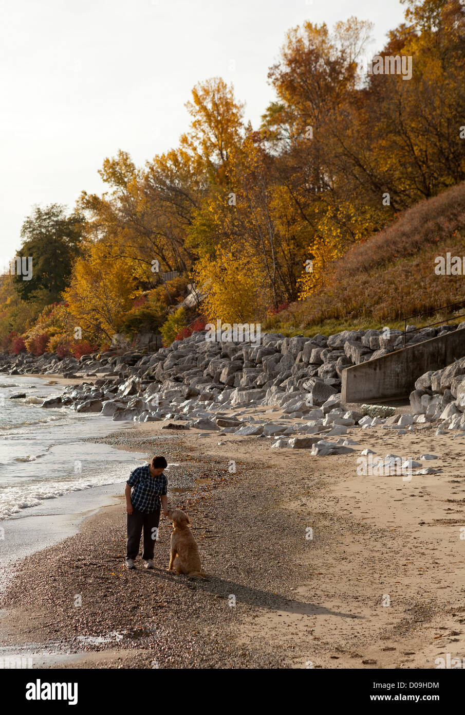 Une femme et son chien profiter de leur temps à la plage tôt le matin, le lac Michigan à Milwaukee, Wisconsin. Banque D'Images