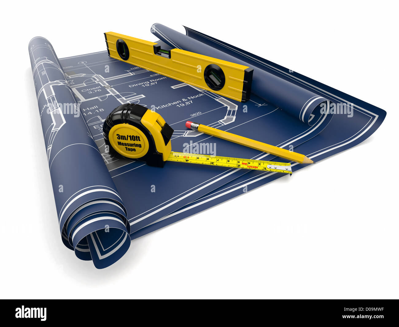 Concept de construction. Plan directeur, le niveau et les dirigeants. 3d Banque D'Images