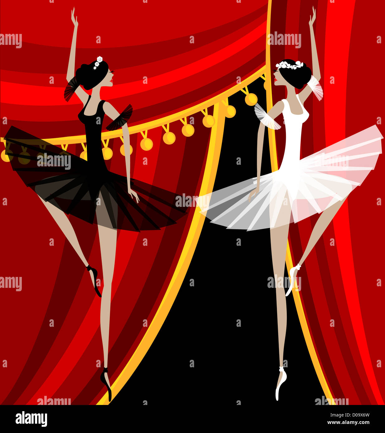 Rideau rouge contre noir et blanc danse danseurs de ballet Banque D'Images