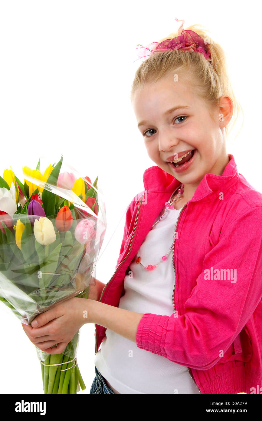 Jeune Fille Blonde Avec Bouquet De Tulipes Hollandaises Colorés Pour La Fête Des Mères Sur Fond 