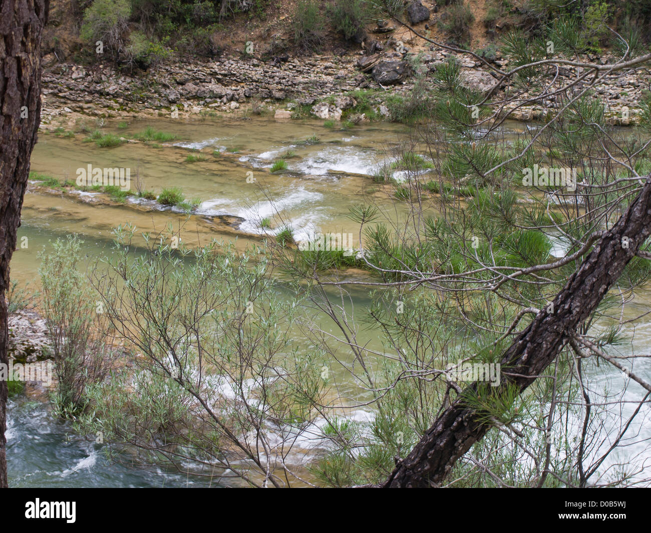 Randonnée dans la réserve naturelle de Cazorla Sierrra en Andalousie Espagne, voir de rapides sur des rochers dans la rivière Borosa Rio Banque D'Images