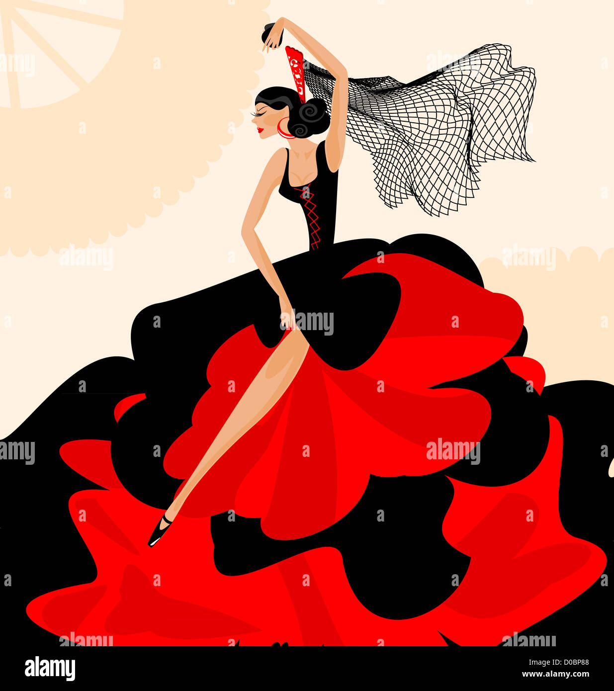 Sur fond abstrait danseuse espagnole est en robe rouge-noir Banque D'Images