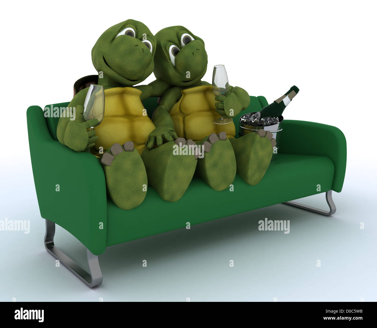 3D render of a tortues terrestres sur un canapé drinking champagne Banque D'Images