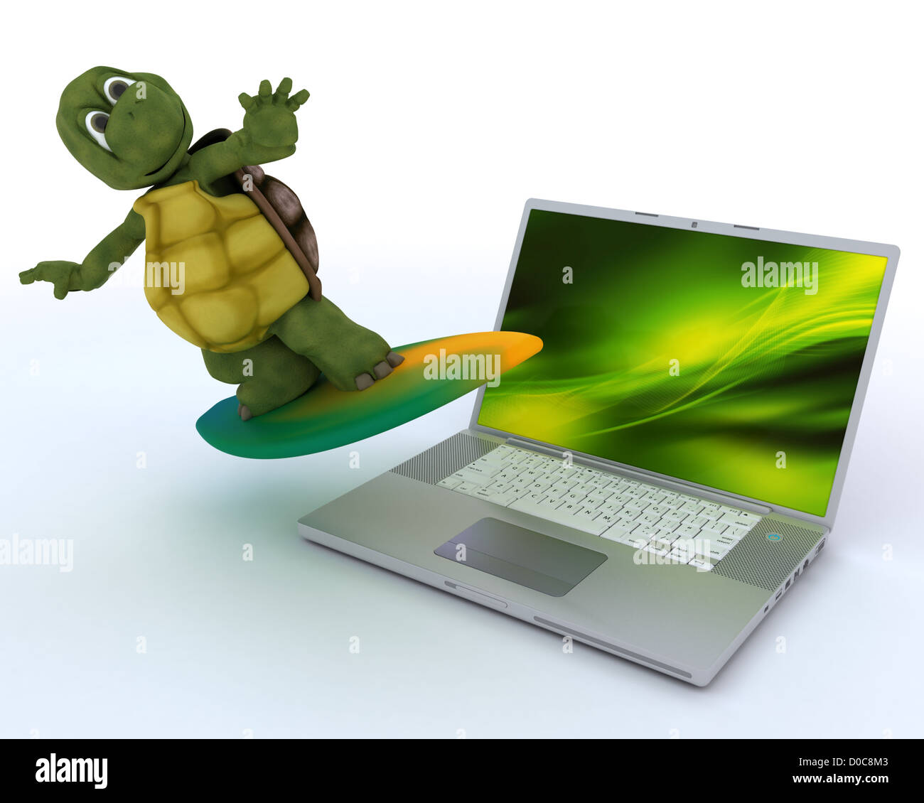 3D render of a tortoise with surf board et ordinateur portable Banque D'Images