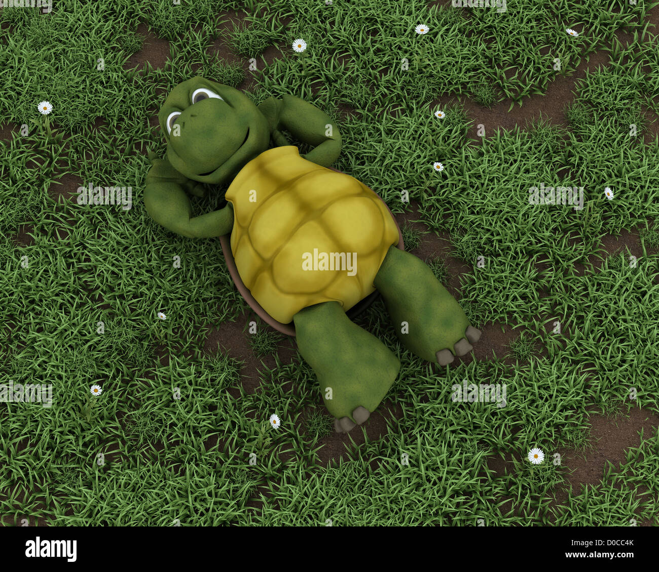 3D render of une tortue couchée sur l'herbe en fleurs Banque D'Images