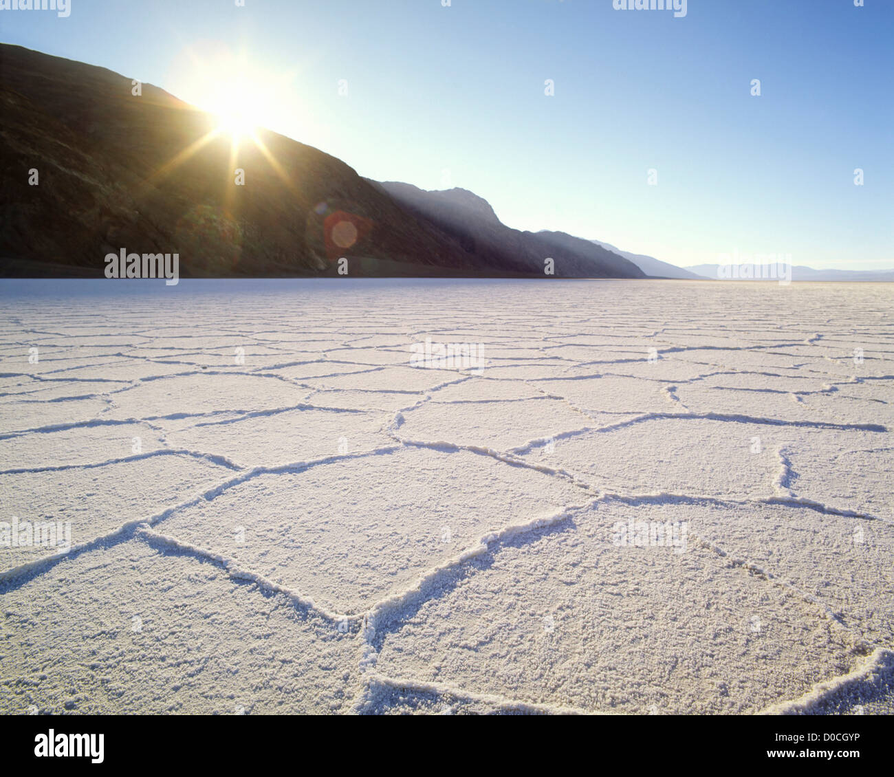 Le Soleil Levant accentue les détails des polygones sur les salines de la Death Valley's Badwater Basin Banque D'Images