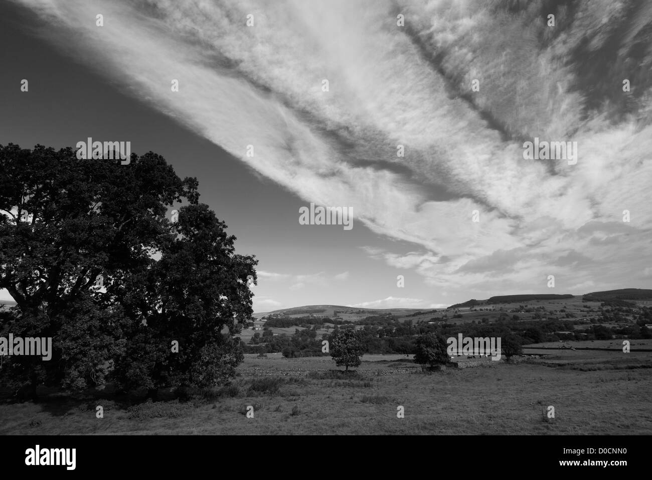 Le noir et blanc paysage panoramique vue sur Middleton Teesdale, dans le comté de Durham, de Teesdale, Angleterre, Grande-Bretagne, Royaume-Uni Banque D'Images