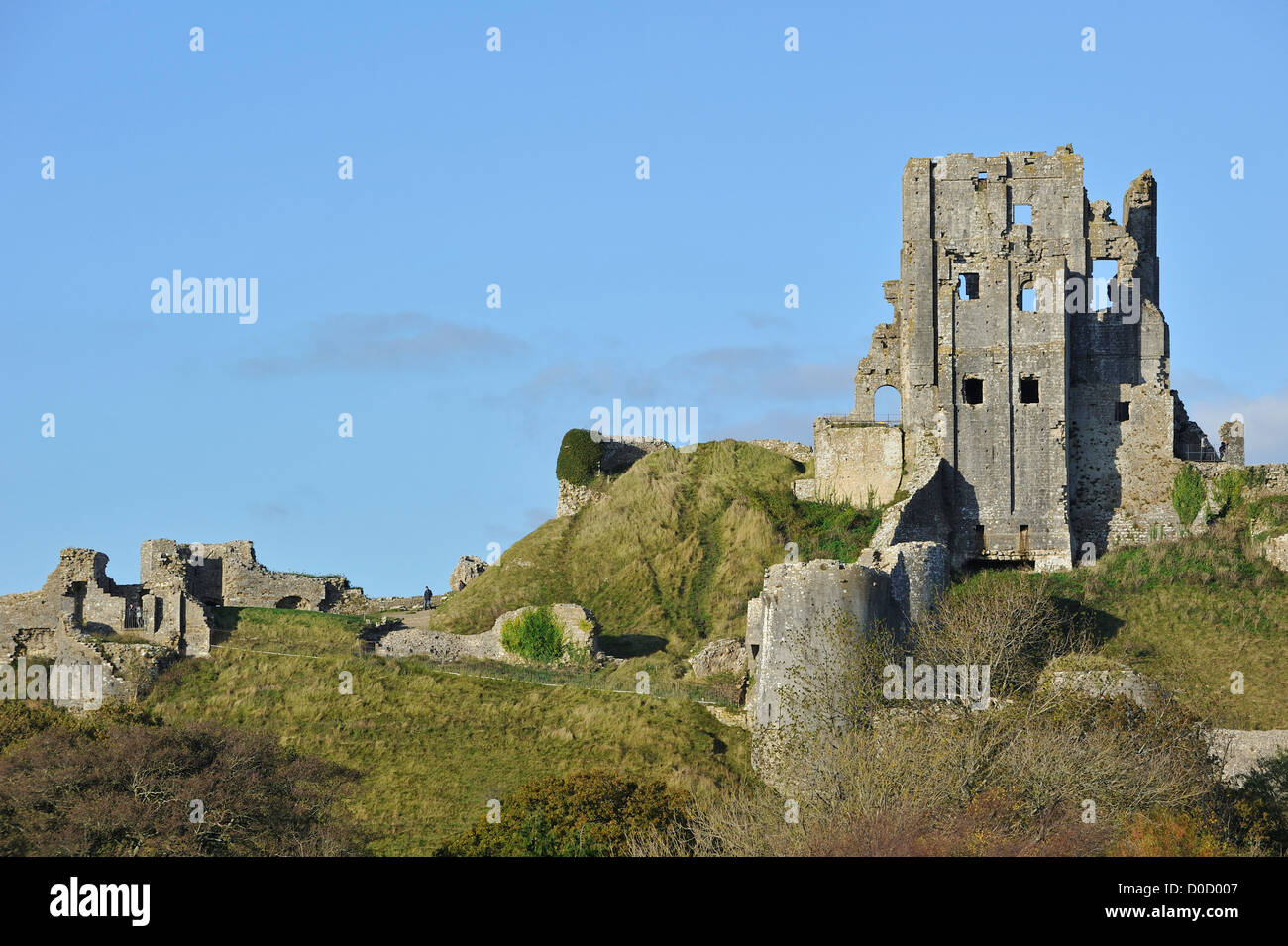 Ruines du château de Corfe médiévale sur l'île de Purbeck le long de la côte jurassique du Dorset, dans le sud de l'Angleterre, Royaume-Uni Banque D'Images
