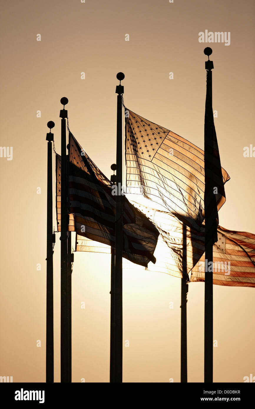 Des drapeaux américains à la base du Monument de Washington par un contre-jour coucher de soleil, Washington, D.C. Banque D'Images