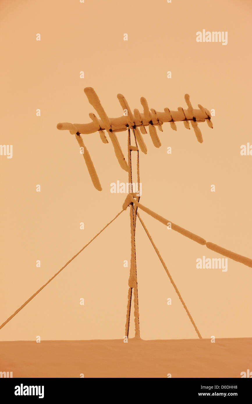 Antenne de télévision givrée au cours de blizzard Banque D'Images