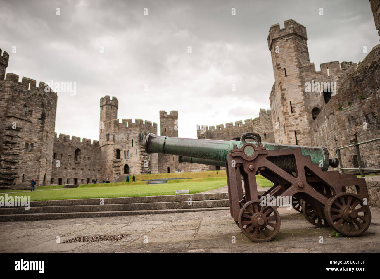 CAERNARFON, pays de Galles — canons positionnés au château de Caernarfon, une forteresse médiévale dans le nord-ouest du pays de Galles. La structure actuelle a été commandée par le roi Édouard Ier à la fin du XIIIe siècle, remplaçant un château antérieur datant de la fin du XIe siècle. Le château est réputé pour ses tours polygonales distinctives et fait partie de l'anneau de fer d'Édouard Ier des fortifications construites pour sécuriser sa conquête du pays de Galles. Le château de Caernarfon a servi de centre administratif du nord du pays de Galles et a été conçu comme un symbole de la domination anglaise. La forteresse est largement considérée parmi les plus beaux exemples de la fin du 13e et Banque D'Images