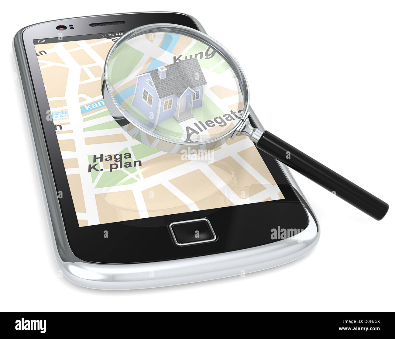 Adresse. Smartphone noir avec une carte GPS avec une maison en 3D et une loupe. Banque D'Images