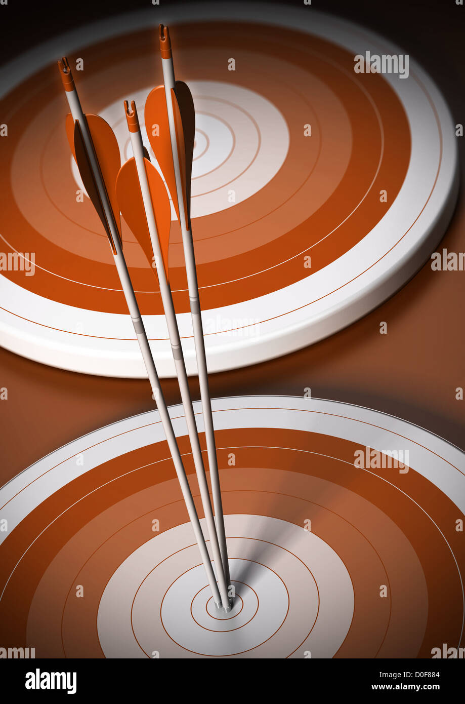 Deux cibles orange dans une rangée, trois flèches hits le premier dans le centre, l'arrière-plan vertical Banque D'Images