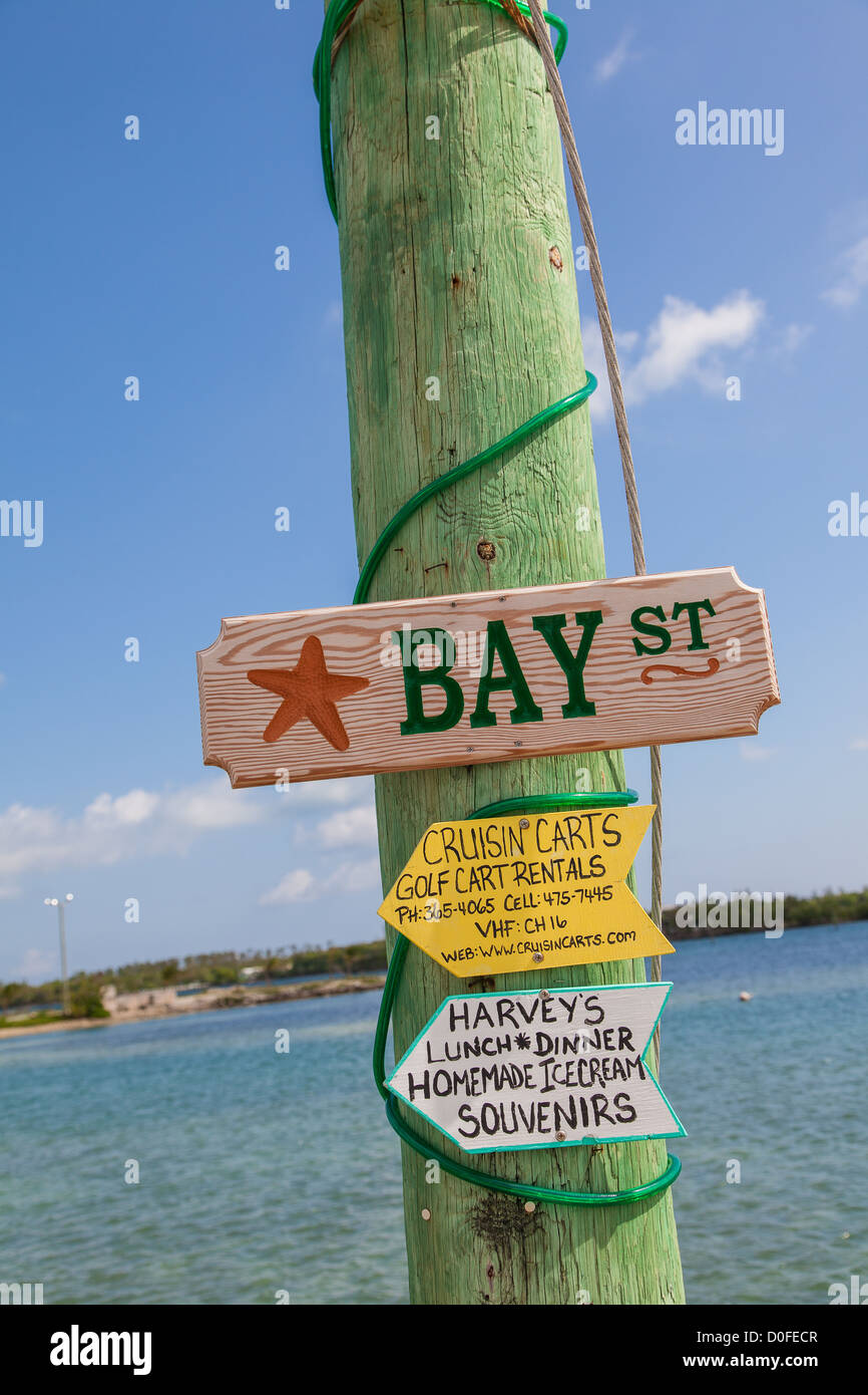 Plaque de rue dans le village de New Plymouth, Green Turtle Cay, Bahamas. Banque D'Images