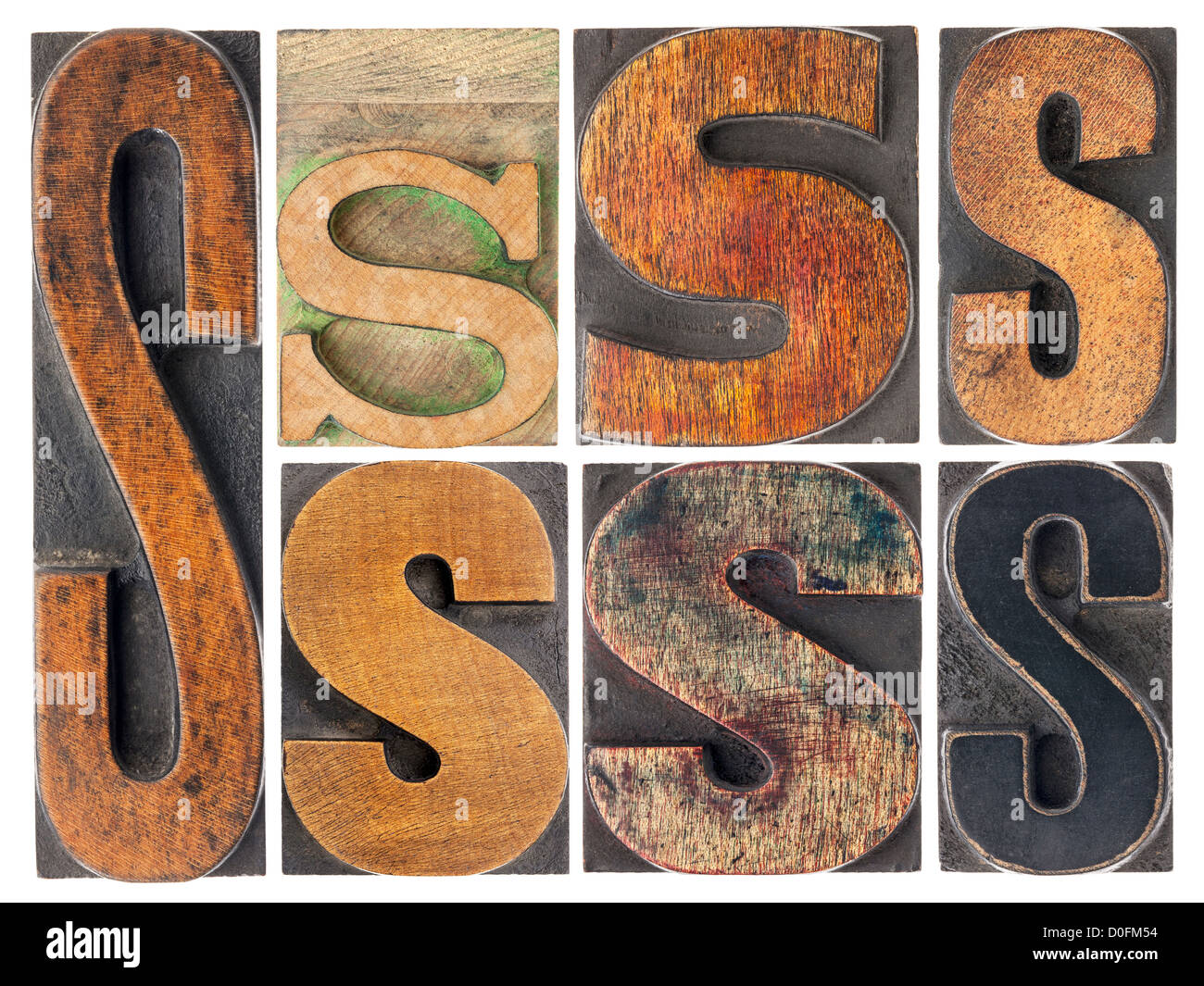 Lettre S - 7 typographie vintage isolés de type bois avec patine d'encre, variété de polices Banque D'Images