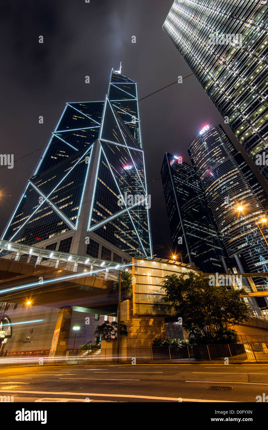 Bank of China Tower at night, Hong Kong, Chine Banque D'Images