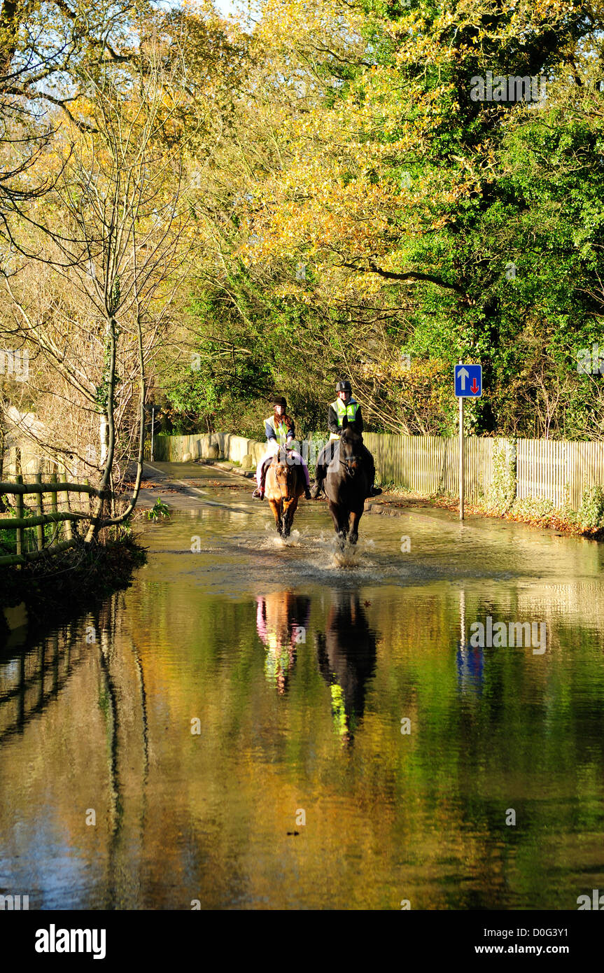 Colston Bassett, Vale de Belvoir, Dorset, UK. 25 novembre, 2012. Les jeunes montent leurs chevaux le long d'un couloir inondé dans la vallée de Belvoir. L'inondation s'est produite après la rivière frappe son éclatement des banques. Banque D'Images