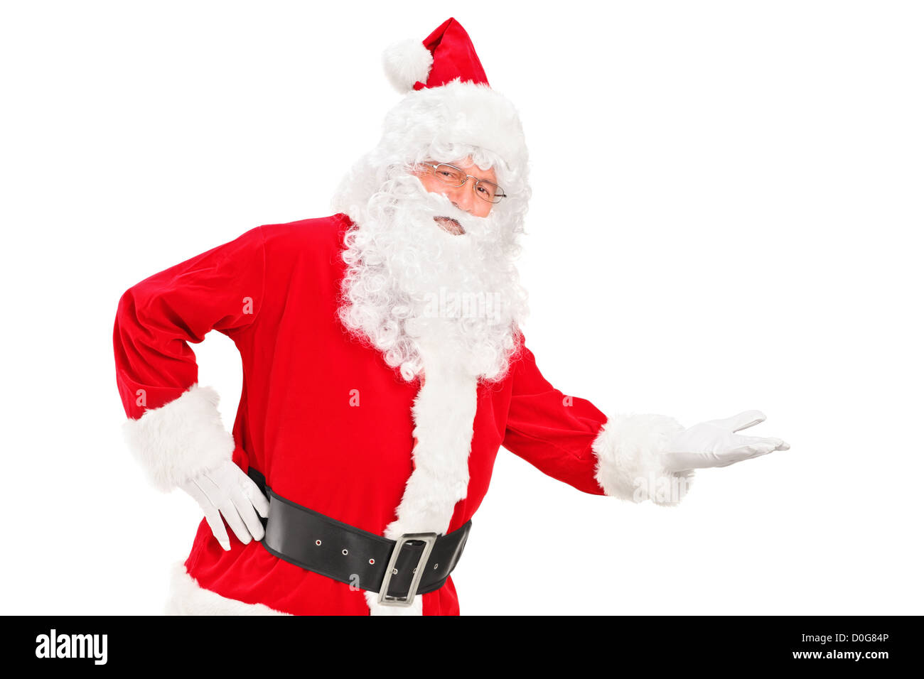 Un heureux père noël gesticulant isolé sur fond blanc Banque D'Images