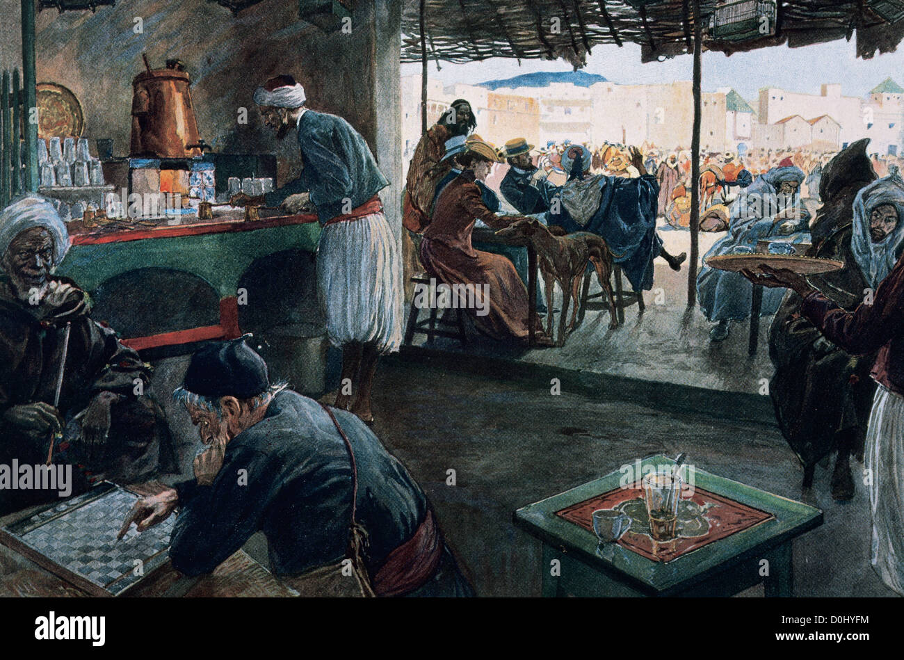 Intérieur d'un café. Tanger, 1903. Le Maroc. Gravure en couleur. Banque D'Images