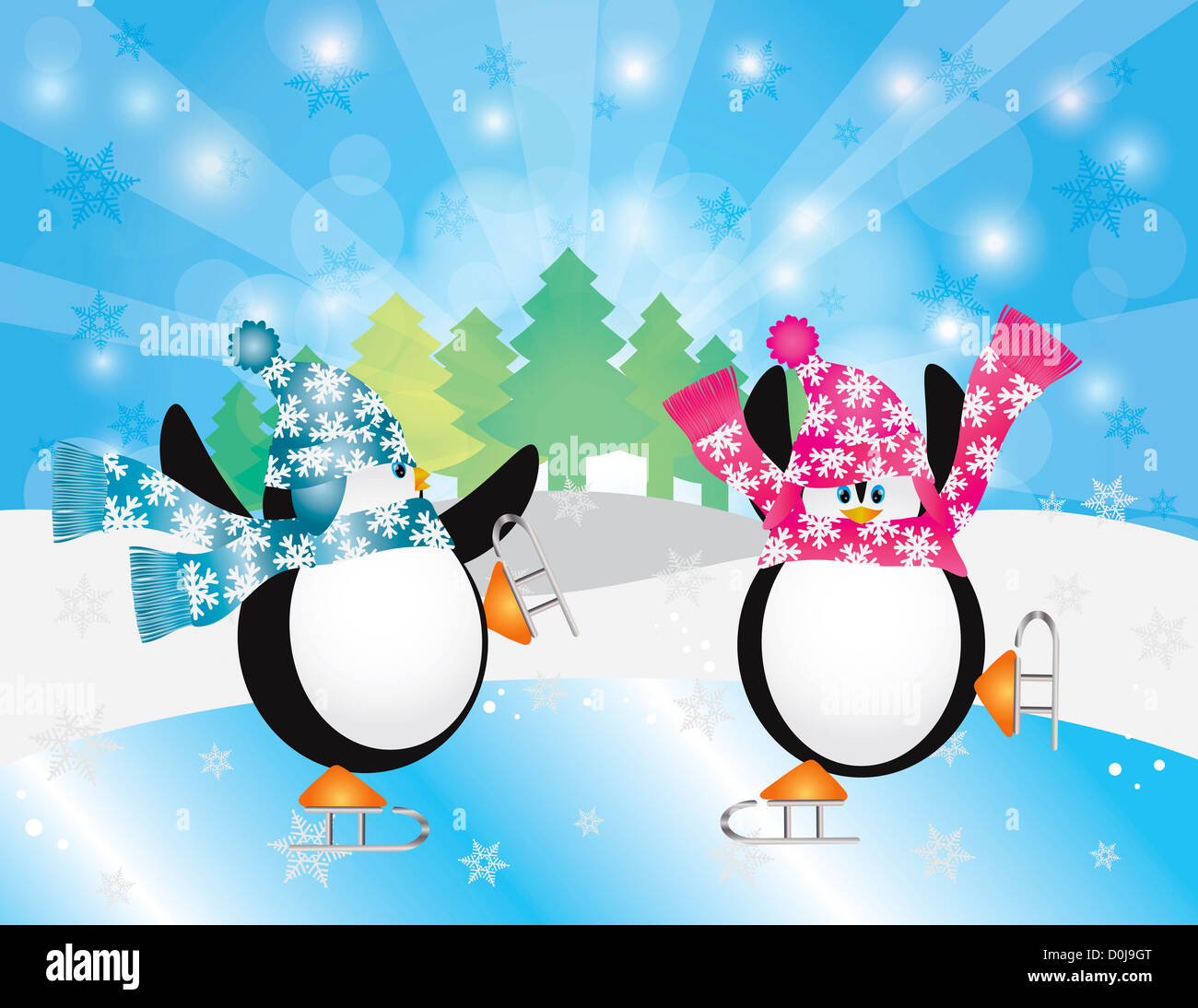 Paire de pingouins de Noël Figure Patinage sur glace en patinoire scène d'hiver avec arbres flocons et rayons de soleil Illustration d'arrière-plan Banque D'Images