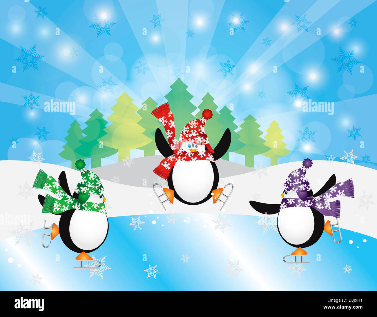 Trois Pingouins de Noël Patinoire Patinoire en scène d'hiver avec arbres flocons et rayons de soleil Illustration d'arrière-plan Banque D'Images