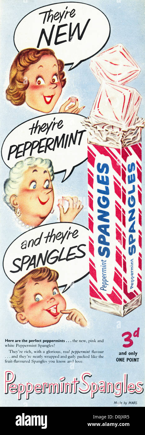 Vintage des années 1950 Publicité imprimée à partir de la revue anglaise publicité Peppermint Spangles fait par Mars vers 1953 Banque D'Images