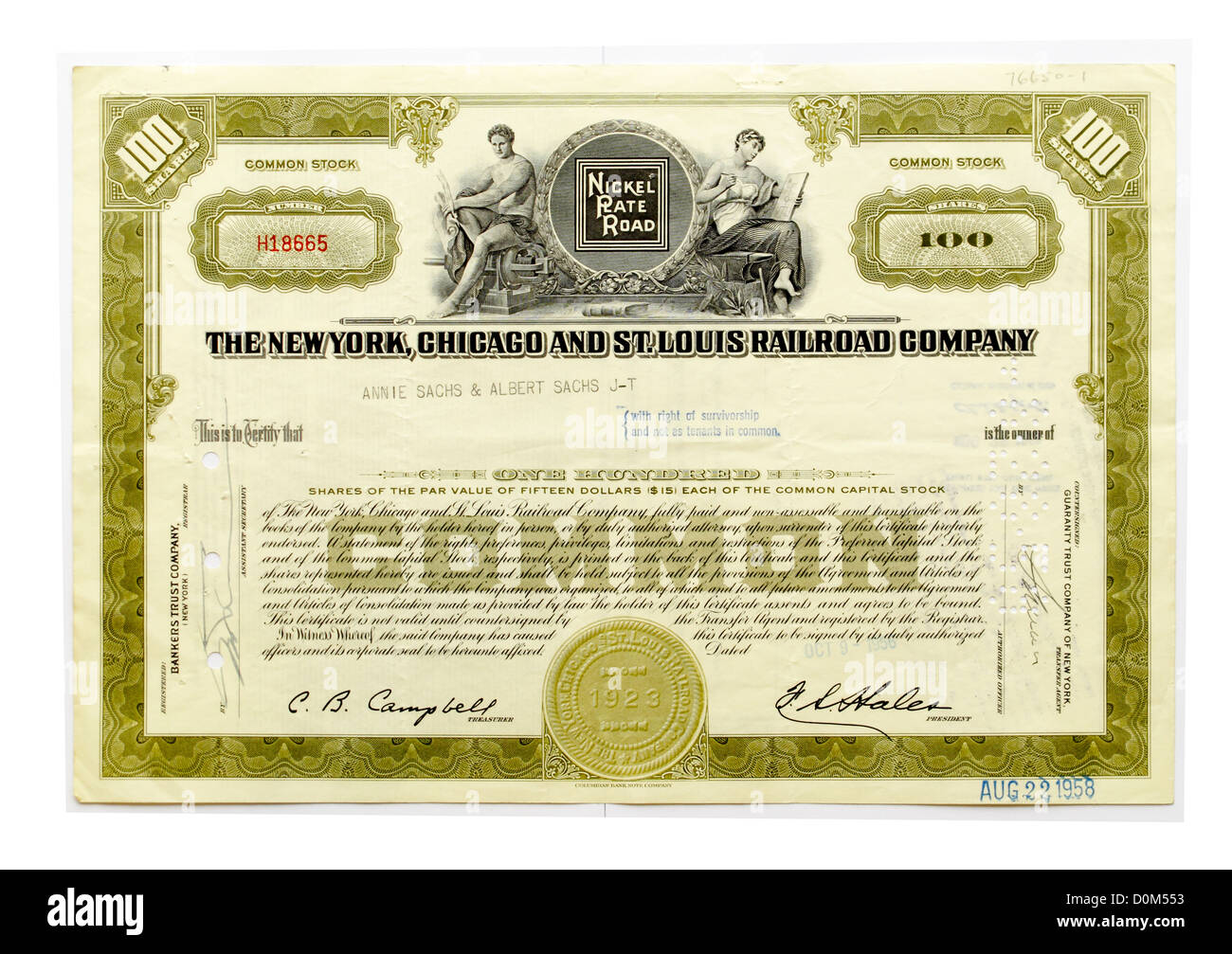 Certificat d'actions de l'État de New York et Chicago St Louis Railroad Company Banque D'Images